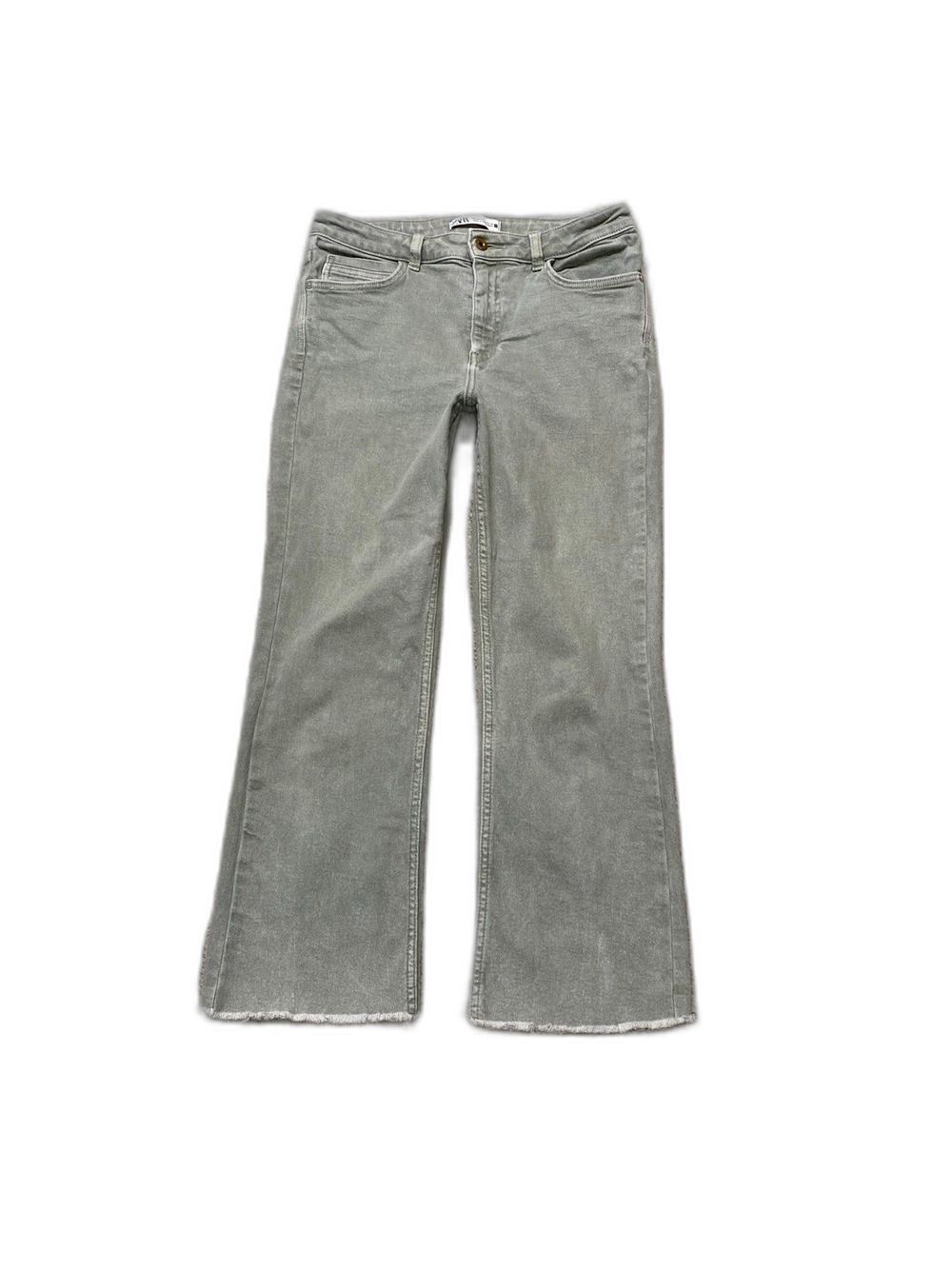 Zara High-Rise Crop Flare Dusty Olive Green Raw Hem Size 8 Jeans